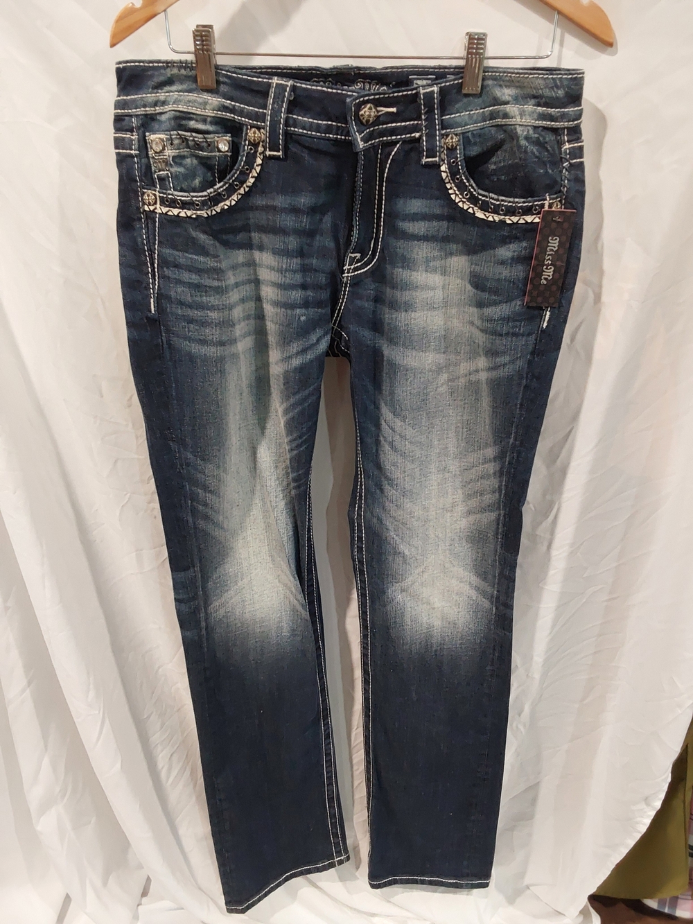 Miss Me Dark Blue Straight Leg Jeans with Faded Whisker Detail